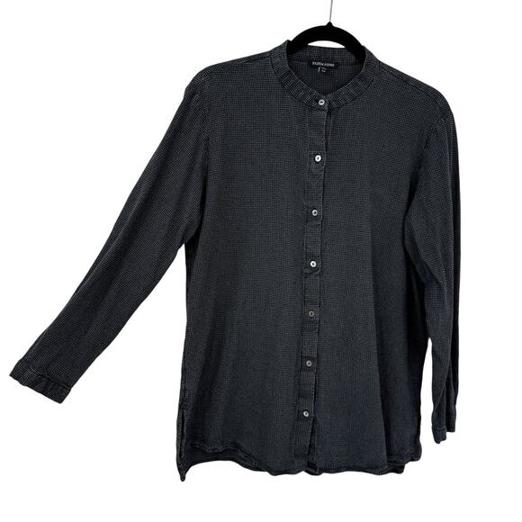 Eileen Fisher Medium Mini Check Crepe Mandarin Collar Top Gray Lyocell Classic - Picture 1 of 9